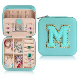 Parima Jewelry Organizer Box, Jewelry Organizer Travel Jewelry Case | Ring Organizer Necklace Organizer Earring Organizer Box | Jewelry Travel Organizer | Small Jewelry Organizer - Letter M, Aqua Blue