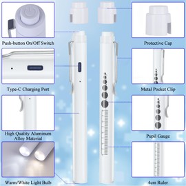 CAVN Rechargeable Pen Light with Pupil Gauge LED Penlights for Nurses Doctors, Warm/White Light, USB Rechargeable Medical Penlight Gifts for Nurses Nursing Student (White)