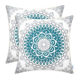 CaliTime Pack of 2 Cozy Fleece Throw Pillow Cases Covers for Couch Bed Sofa Farmhouse Decoration Dahlia Floral Medallion Compass Mandala Style 20 X 20 Inches Teal Grey