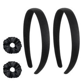 Pack of 2 Satin Headbands, Padded Simple Headband, 2 cm Wide Hard Headband, Women, Fashionable Retro Non-Slip Hair Band, with 2 Elastic Hair Bands, Black, for Party DIY Hair Accessories