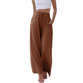 Hooever Women's Wide Leg Cotton Linen Pants High Waist Adjustable Tie Knot Lounge Trousers(Rust-S)