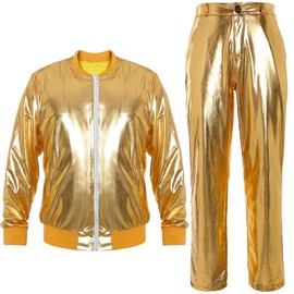 Halfchet Men's Metallic Jacket and Pants Set Jacket Men Straight Leg Trousers Costume for Men Disco Cosplay Party (Gold,X-Large)