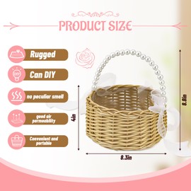 Flower Girl Basket, Wicker Flower Girl Basket, Wedding Flowers Baskets with Pearl Handle and Ribbon Bow, Handwoven Wicker Flowers Baskets for Outdoor Picnic, Home Wedding Decor, Photo Props