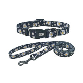 Ovale Dog Collar and Leash Combo Set, Daisy Floral Pattern, Collar and 5 ft Matching Leash, for Small Puppy Dogs.(XS, Black Daisy)