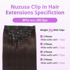 Nuzusa Clip in Hair Extensions Real Human Hair,100% Seamless Invisible Remy Human Hair Silky Straight,Clip Extensions for Women, 8pcs Per Set with Double Weft,2 Dark Brown,16inch 90g/3.2oz