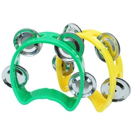Jiozermi 2 Pcs Plastic Percussion Tambourines, Handheld Tambourines with 4 Jingle Bells Kids Musical Instruments Mini Hand Bell Percussion for Kids, Adults, School and Party (Green/Yellow)