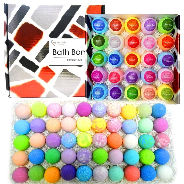 Bulk Bath Bombs Gift Set - 50 Natural Individually Wrapped Bath Bomb Kit - JA Organic Moisturizing Bath Balls for Women Men & Kids. Best Bath Bombs Party Favors for Adults & Teens. Sulfate Free