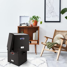 Vinyl Record Storage Box Set of 2 - for 100+ Single LPs (12-Inch), Stackable Albums Linen Crate with Lid, Play Music Collection Holder, Document File Folder Cabinet Organizer Case with Handle