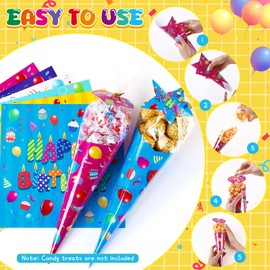 Pasimy 36 Sets Birthday Treat Bags Colorful Happy Birthday Cone Shaped Candy Cellophane Bags Gift Goodies Suffers with Cards Tags Twist Ties for Popcorn Snack DIY Crafts Classroom Party Supplies