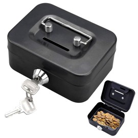 Small Cash Box with Key Lock, Lockable with Key, Piggy Bank with Key, Small Cash Box, Portable Metal Money Box with for Coins and Notes, Safe Tip Cash Box