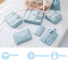 7 Set Packing Cubes Travel Luggage Packing Organizers Travel Accessories for Man & Women with Laundry Bag, Compression Storage Shoe Bag, Clothing Underwear Bag,Gray Blue