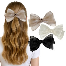3 Pack Sheer Organza Hair Bow Clips – Elegant Large Ribbon Hair Accessories for Women and Girls, Korean Style Bows for Wedding, Party, Bridal, Gifts, All Types