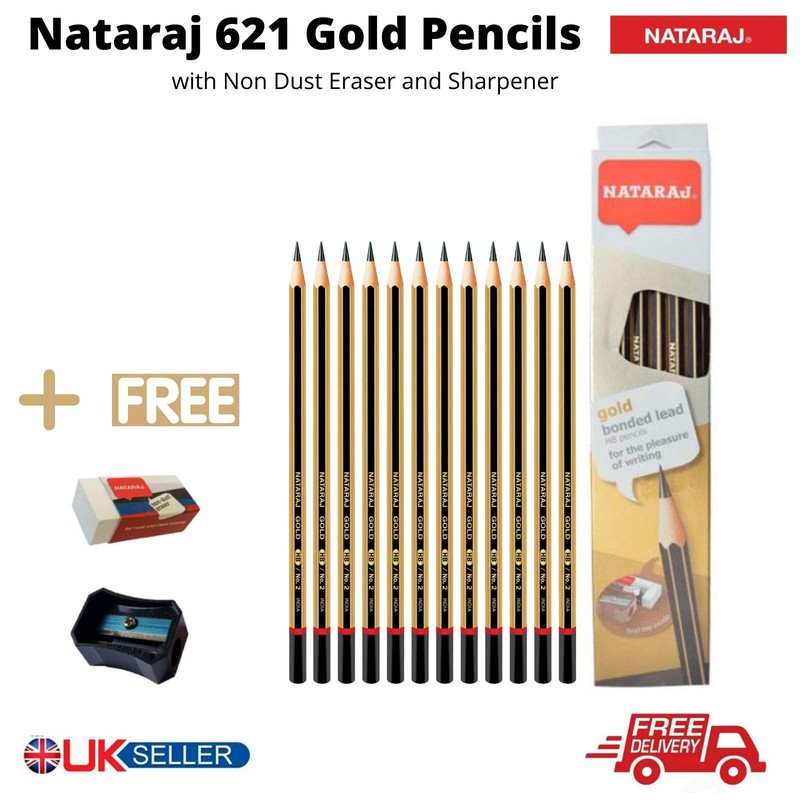 12 x Natraj Gold body Hexagonal Shape HB Graphite Pencils