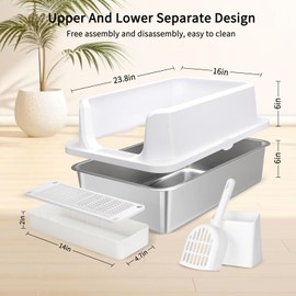 Sfozstra Enclosed Stainless Steel Cat Litter Box with Scoop,Metal Litter Box High Sided, Anti-Leakage, Easy Cleaning, Large Litter Box for Big Cats (White)