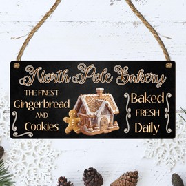 "North Pole Bakery" Christmas Plaque - Festive Gingerbread House Sign for Holiday Kitchen Decor - Indoor Christmas Decoration with Rustic Twine Hanger - Perfect for Cookie Lovers and Bakers (Black)
