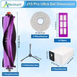 Attemart J15 Pro Ultra Replacement Parts for Eureka J15 Pro Ultra Robot Vacuum Accessories Kit, 1 Main Brush, 4 HEPA Filters, 4 Mopping Pads, 4 Dust Bags, 6 Side Brushes, 1 White Brush, 20 Pack
