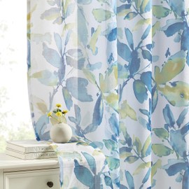 Conkov Farmhouse Sheer Curtains 63 Inch Length for Living Room,Boho Style Leaf Print Window Treatment Light Filtering Rod Pocket Curtain Drapes for Bedroom 2 Panels Set,50" W x 63" L,Blue Yellow