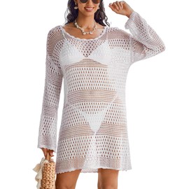 AI'MAGE Beach Cover Ups for Women See Through Crochet Bikini Beach Cover up Long Sleeve Hollow Out Coverup White M