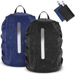 BROTOU 2 Pack Snowproof Backpack Rain Cover,Rucksack Waterproof Covers for Hiking, Camping, Traveling, Outdoor Activities (Black+Dark Blue with Reflective Strip, 15-25L)