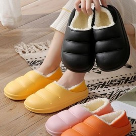 Warm Fur-Lined Platform Slippers with Back Strap for Indoor and Workplace Use EVA Fur Slippers (Orange L)