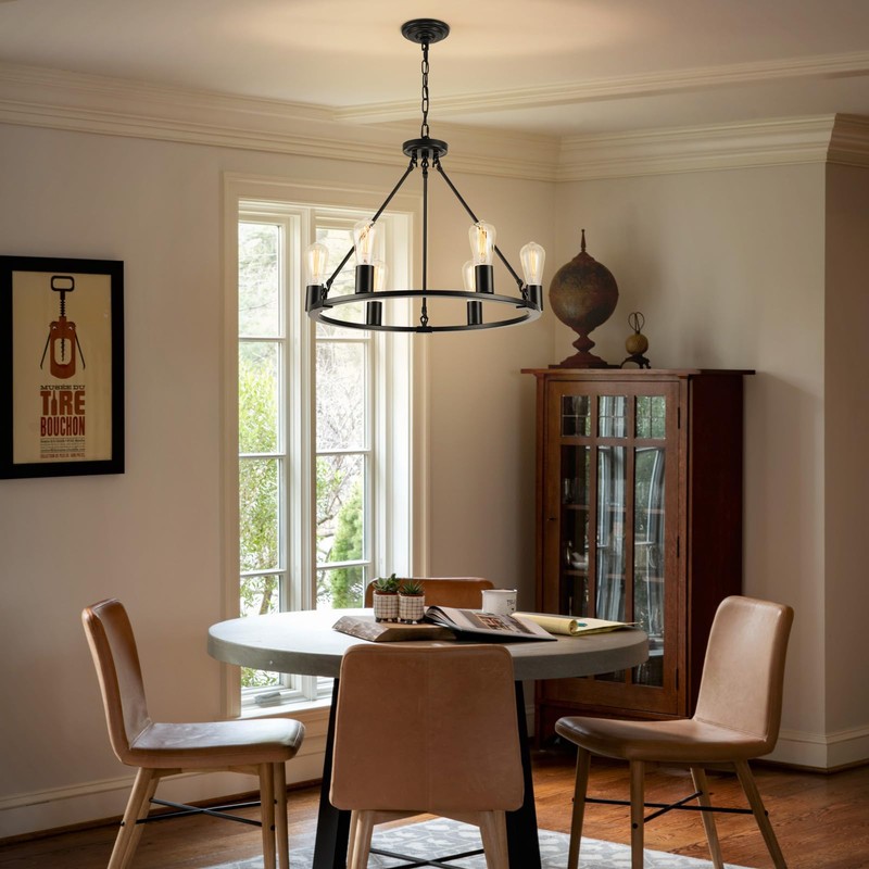 Senyshilon Black Chandelier, 6-Light Dining Room Light Fixture, Round Farmhouse