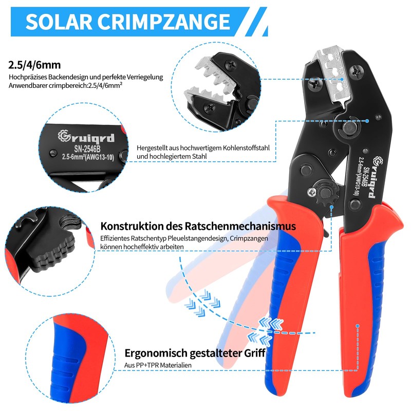 Solar Crimping Tool Set 2.5/4/6 mm² (AWG 13-10) PV Cable,