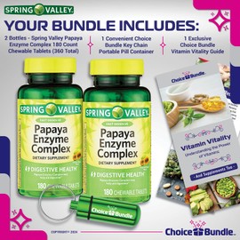 Choice Bundle Spring Valley Papaya Enzyme Complex Chewable Tablets Dietary Supplement 180 Ct 2 pk (360 Total) - Plus Vitamin Guide & Pill Container (4 Items)!