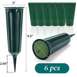 Goaste 6 Pack Cemetery Vases with Foam Inserts, Memorial Floral Vases with Spikes, Grave Flower Holder Cones for Outdoor Use, Lawn Headstone Graveside Decoration, Fresh or Artificial Flowers, Green