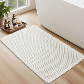 Lunofox Waffle Bathroom Rugs, Super Absorbent Boho Bath Mats, Non-Slip Shower Mats for Bathroom Floor and Tub, Ultra Soft Waffle Weave Runner Mat, Quick Dry, Cream, 17x24 Inch