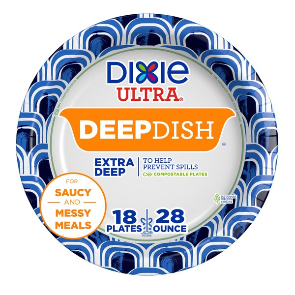 Dixie Ultra, Deep Dish Paper Plates, 28 Oz, 18 Count, Heavy Duty, Microwave-Safe, Soak-Proof, Cut Resistant, Great For Heavy, Messy Meals