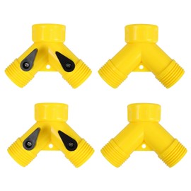 PDETVEO 4PCS 2 Way Y Valve Splitter, 3/4 Plastic Garden Hose Connector, Water Hose Splitter with Faucet Watering Shut Off Valves for Outdoor Lawn, Garden Irrigation, Car Washing (Yellow)