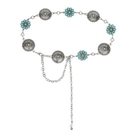 Womens Western-Concho-Belt-Silver Cowboy-Cowgirl Belts - Country Concert Outfits for Jeans Dress(Silver-Turquoise, Length 45" (28"+extended chain 17"))