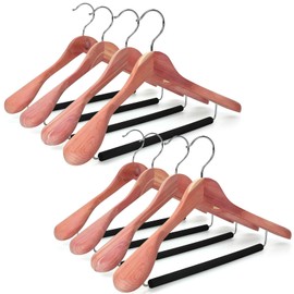 TOPIA HANGER American Red Cedar Wide Shoulder Wooden Hangers 8 Pack, Luxury Wood Suit Coat Hangers with Black Padded Pant Bar-360° Swivel Chrome Hook, Natural- CT07W-8