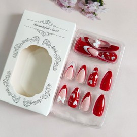 Valentines Press on Nails Red White French Tip Fake Nails with Heart Bow Designs Medium Almond False Nails Glossy Red Full Cover Glue on Nails Reusable Stick on Nails for Women Girls 24 Pcs