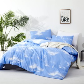 CLOTHKNOW Blue White Sky King Size Comforter Set 3Pcs Cloud Bedding Comforter Sets Soft All Season Light Blue Comforter with 2 x Pillowcases