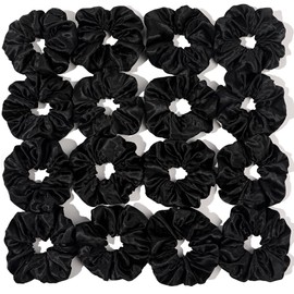 16 Pcs Scrunchies for Women - Black Satin Silk Scrunchies for Girls Hair Ties Elastics Bands Ponytail Holder Hair Accessories