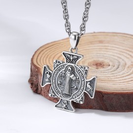 Friggem 925 Sterling Silver St Benedict Pendant Necklace for Men Women Saint Benedict Medals Protect Us Jewelry Gifts(with 24inch chain)