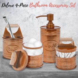 Autumn Alley Rustic Bathroom Accessories Set 4 - Copper Farmhouse Soap Dispenser, Toothbrush Holder, 2 Apothecary Jars Qtip Holder - Rustic Bathroom Decor – Farmhouse Bathroom Accessories