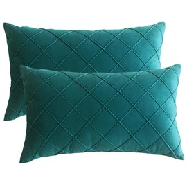 Lutanky Checked Design Oblong Velvet Cushion Covers 30 x 50 cm Peacock Green Elegant Rectangle Throw Pillow Cases (Pack of 2) Soft Pillow Covers for Sofa Bedroom Home Decoration 12x20 Inch