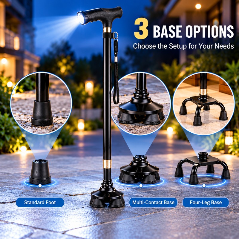3-in-1 Adjustable Elders Walking Cane for Daily Mobility – Interchangeable