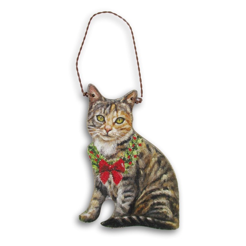 Christmas Cat Wood Ornament (Tabby)
