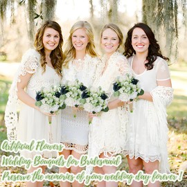 SEMONONIA Wedding Bridesmaid Bouquet Set of 4 - Artificial Flowers Bouquets for Bridesmaids Pre-Made 7 Inch Faux Small Floral Bouquets Bridal Shower, Wedding, Ceremony, Anniversary - White Teal Blue