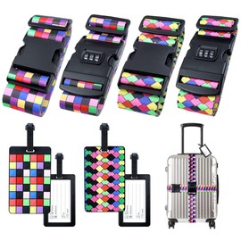 Hivia Set of 4 Suitcase Straps - Suitcase Straps 4 Pieces + 4 Suitcase Marking, Suitcase Strap with Lock Suitcase Accessories Adjustable Multifunctional Luggage Strap | Grid