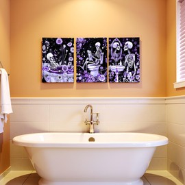 FuShvre Skeleton Bathroom Decor Moody Skeleton Wall Art Pictures for Bathroom Gothic Painting for Home Decoration Framed 12x16 inch each piece (Purple)
