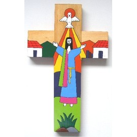 Hand painted Cross. 25 cms Risen Christ Wooden Crucifix. Latin American Cross.