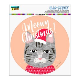 Meowy Merry Christmas Cat in Sweater and Hat Automotive Car Window Locker Circle Bumper Sticker