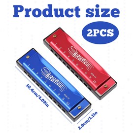 2 Pcs Harmonica Kids, Mouth Organ,Kids Harmonica,10 Hole 20 Tone Harmonica for Kids Adults,Harmonica For Beginners,Perfect Music Gift for Children Adults Beginners and Performers (Red/Blue)
