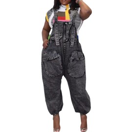Lachmose Womens Overalls Denim Loose Fit Wide Leg Bib Baggy Jeans Jumpsuit Comfy