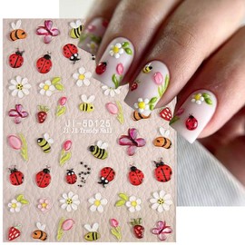 Spring Flower Nail Art Stickers Decals 5D Bee Floral Nail Stickers 2PCS Cartoon Ladybug Butterfly Design Self-Adhesive Nail Decals Daisy Tulip Manicure Supply for Women Summer DIY Nail Art Decorations