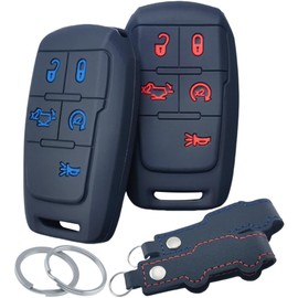 RUNZUIE 2Pcs Silicone Smart Key Fob Cover for 2019-2021 2022 2023 2024 Dodge RAM 2500 3500 5500 5 Buttons Black Red/Blue